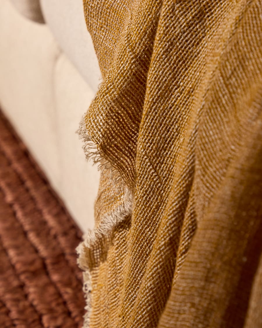 Sanae mustard 100% linen blanket with fringing 130 x 170cm