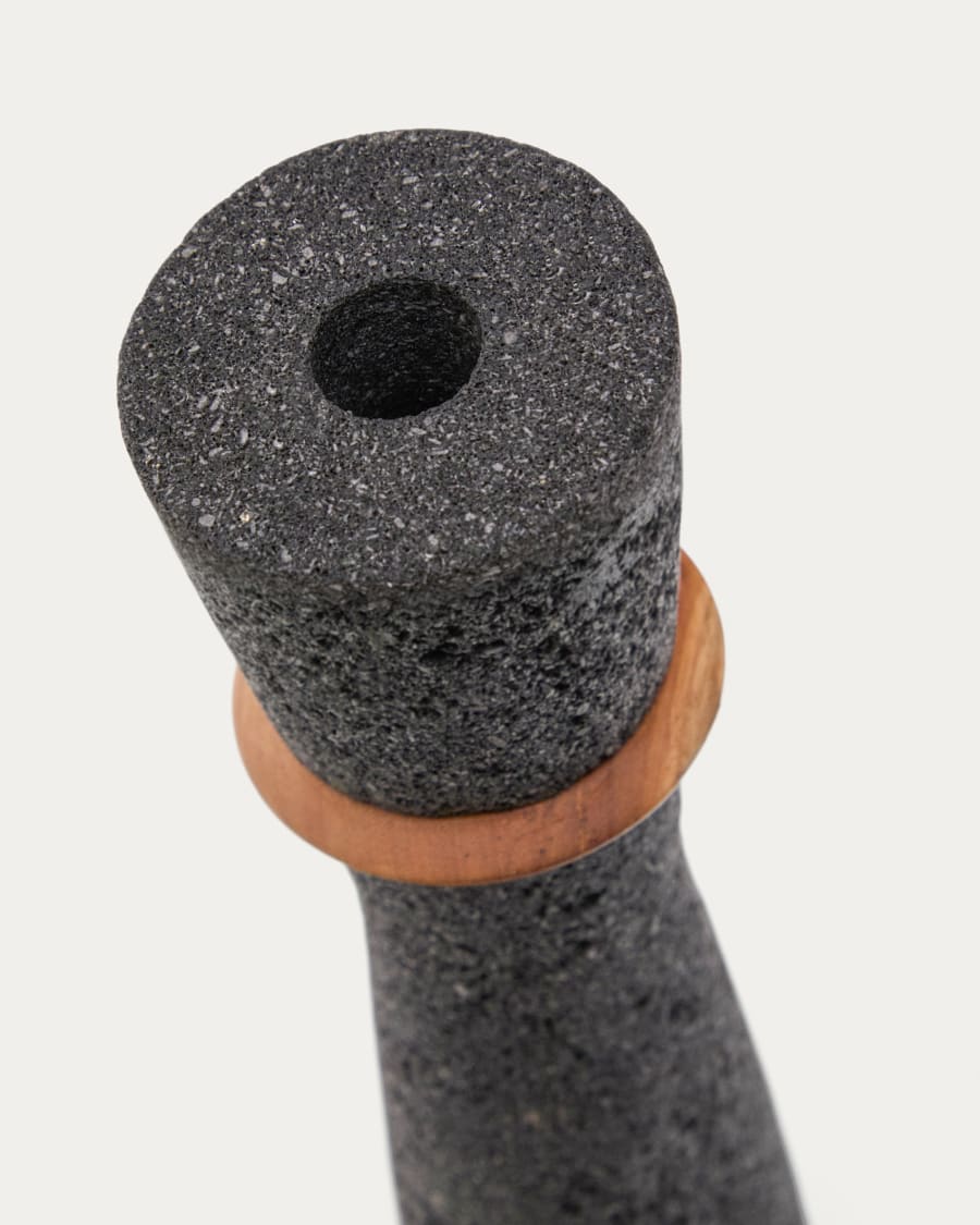 Vase Naro aus schwarzem Stein und Teakholz 30 cm