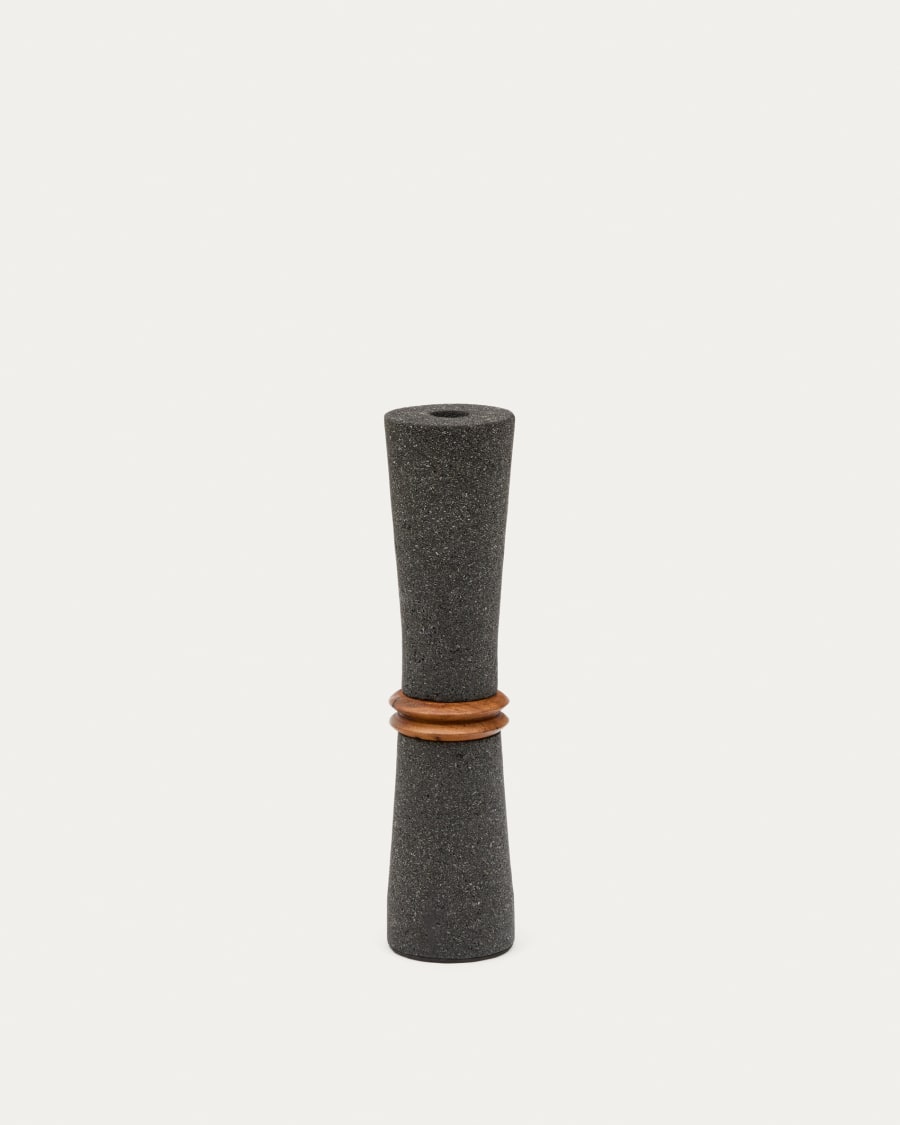 Vase Naro aus schwarzem Stein und Teakholz 30 cm