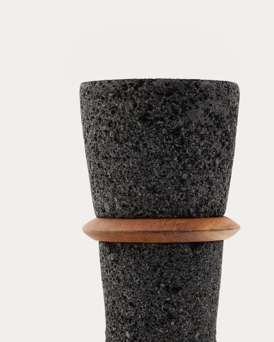 Vase Naro aus schwarzem Stein und Teakholz 30 cm