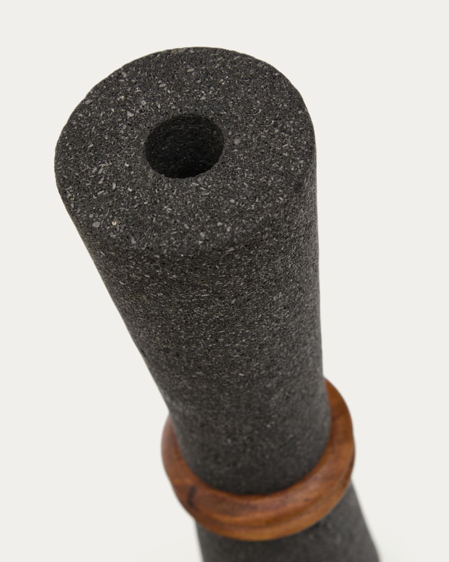 Vase Naro aus schwarzem Stein und Teakholz 30 cm