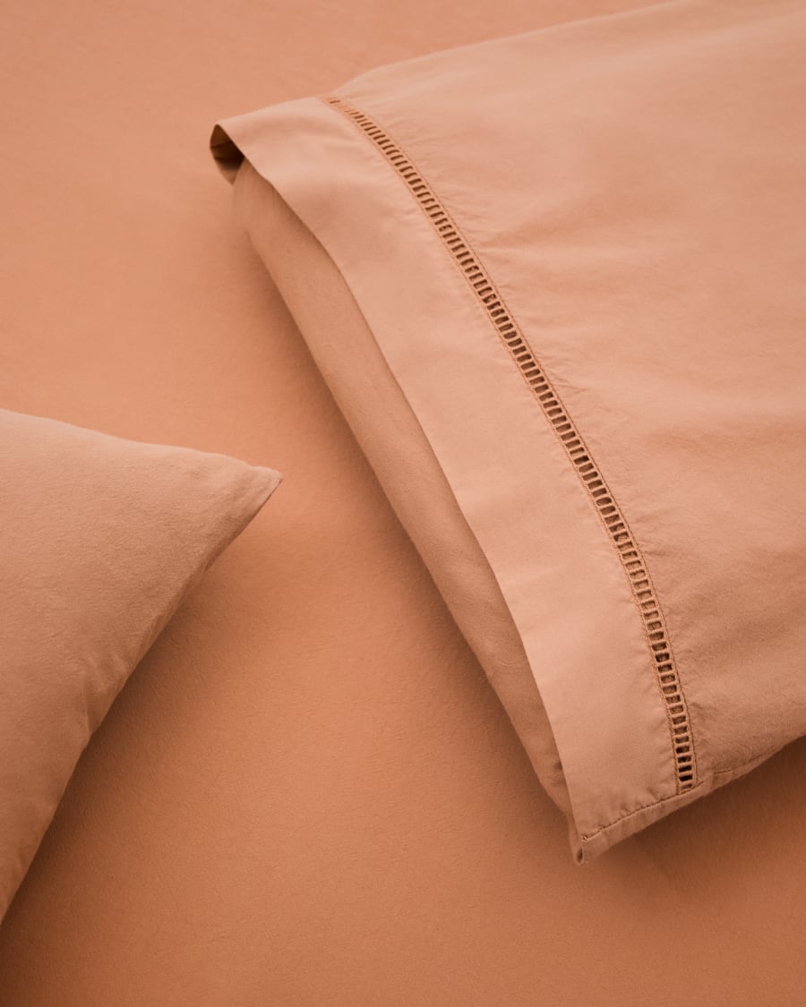 Caline Set of Duvet Cover and Pillowcases in 100% Percale Cotton Terracotta for 180 cm Bed