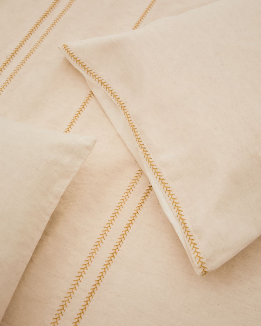 Linara Set of Duvet Cover and Pillowcases in Beige Cotton and Linen for 180cm Bed