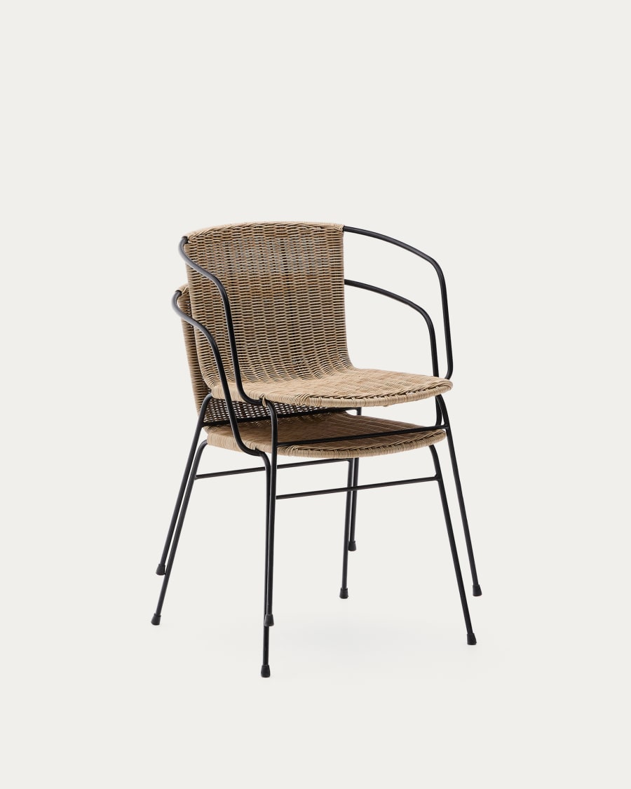 Eltiera stackable chair in synthetic rattan with black steel frame and arms