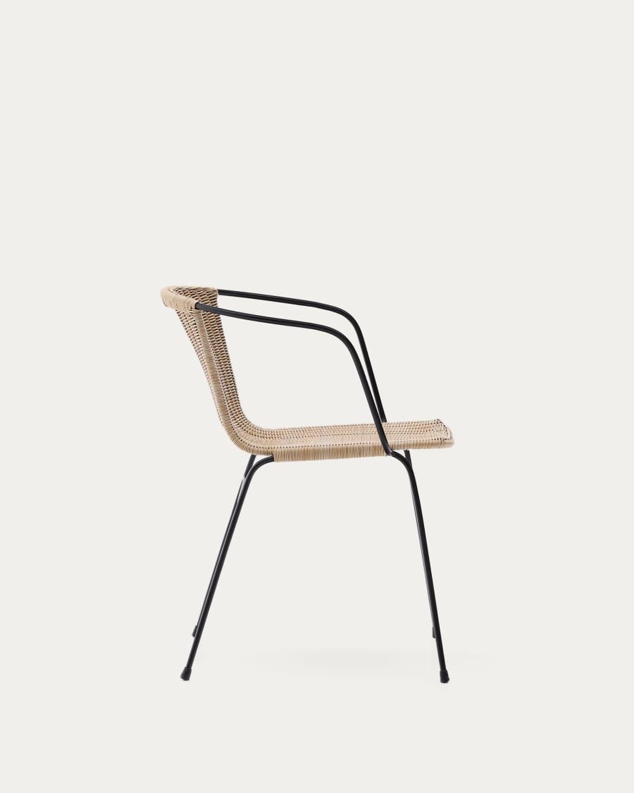 Eltiera stackable chair in synthetic rattan with black steel frame and arms