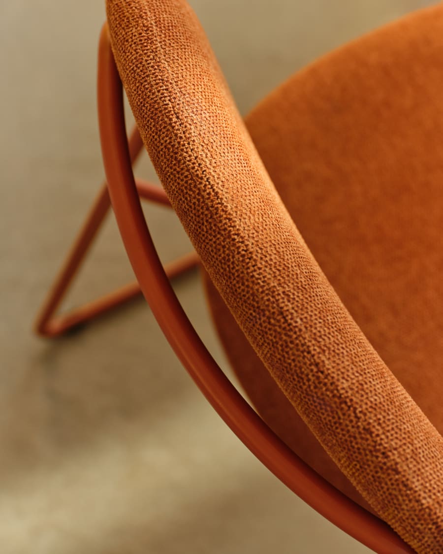 Meli stackable chair in terracotta chenille with terracotta metal legs FSC Mix Credit