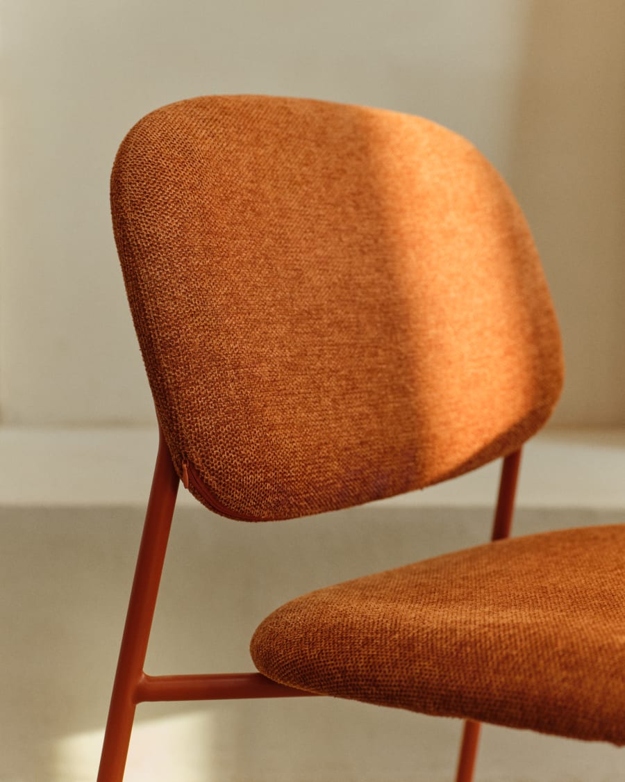 Meli stackable chair in terracotta chenille with terracotta metal legs FSC Mix Credit