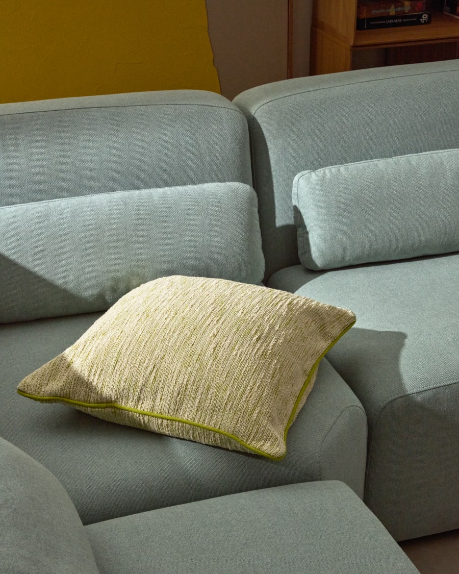 Brisella green jacquard cushion cover with contrasting trim 45 x 45cm
