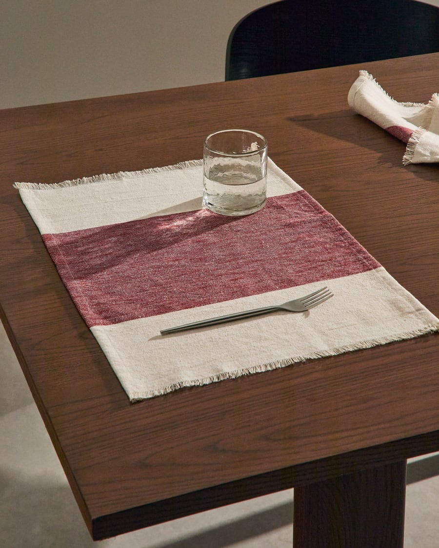 Vireta set of 2 maroon and beige cotton and jute placemats with fringing 35 x 50cm