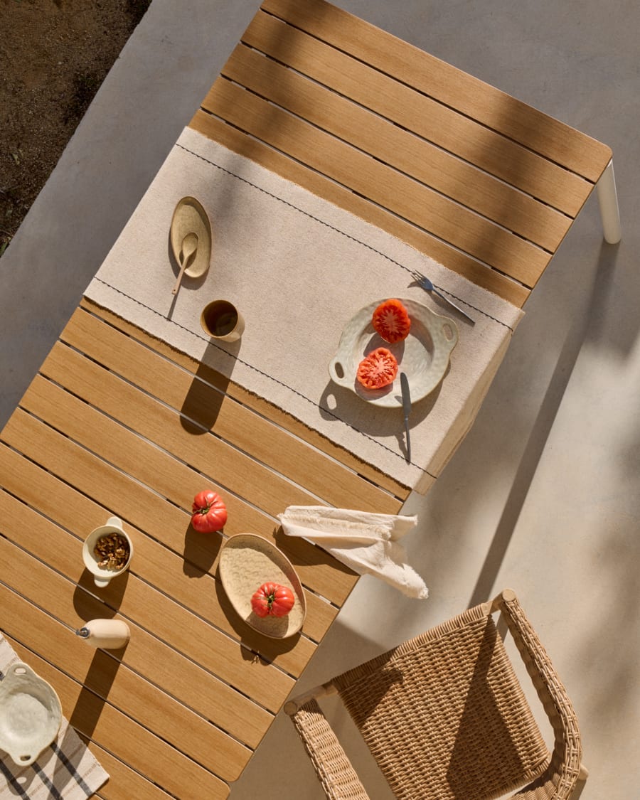 Canyelles extendable outdoor table, plastic lumber and matte white aluminium, 180 (240) x 100 cm