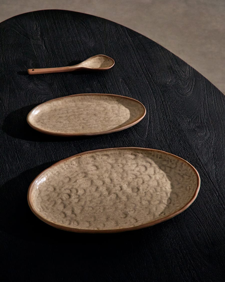 Zunel set of 2 beige ceramic plates and 1 spoon