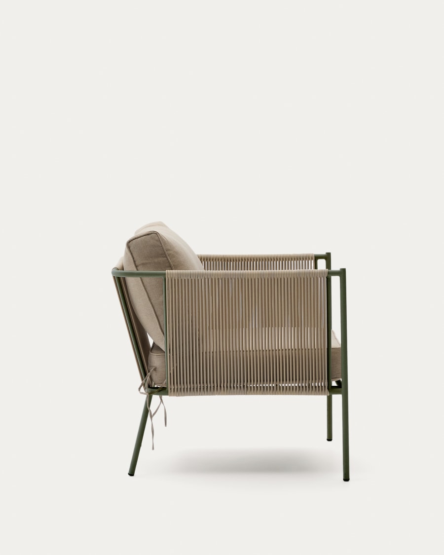 Zivia outdoor armchair in ecru rope cord and green galvanised steel