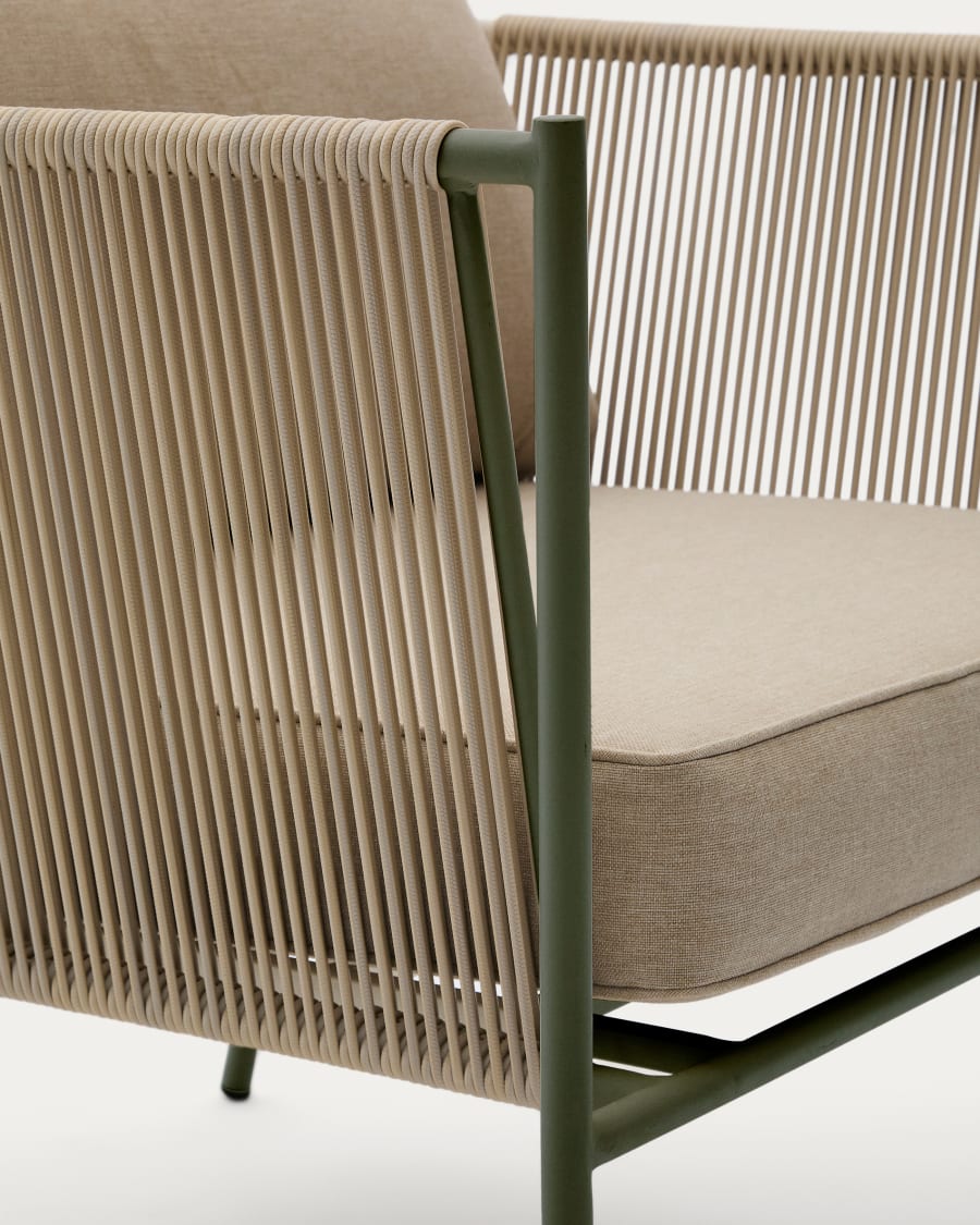 Zivia outdoor armchair in ecru rope cord and green galvanised steel
