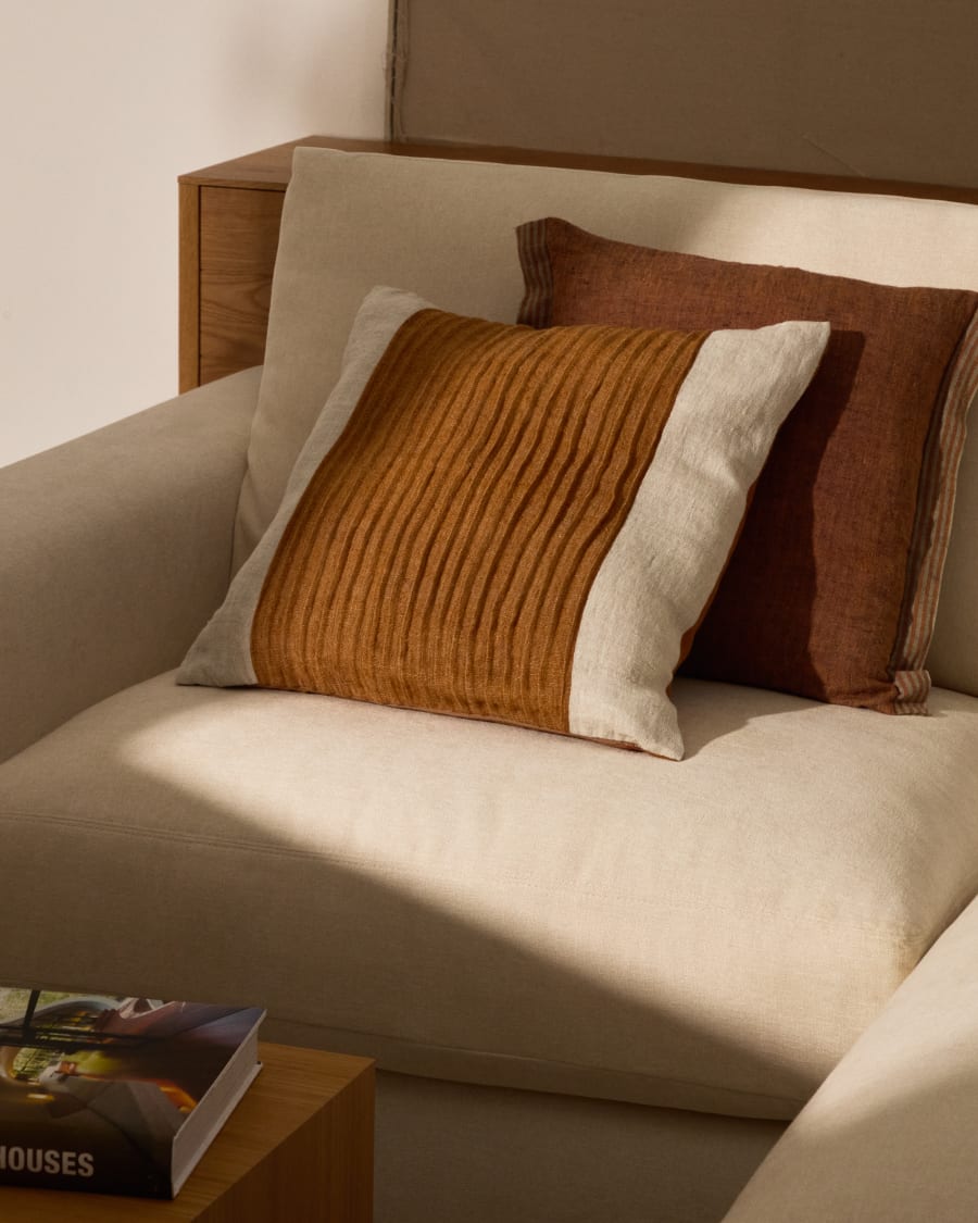 Zoren mustard pleated 100% linen cushion cover 50 x 50cm