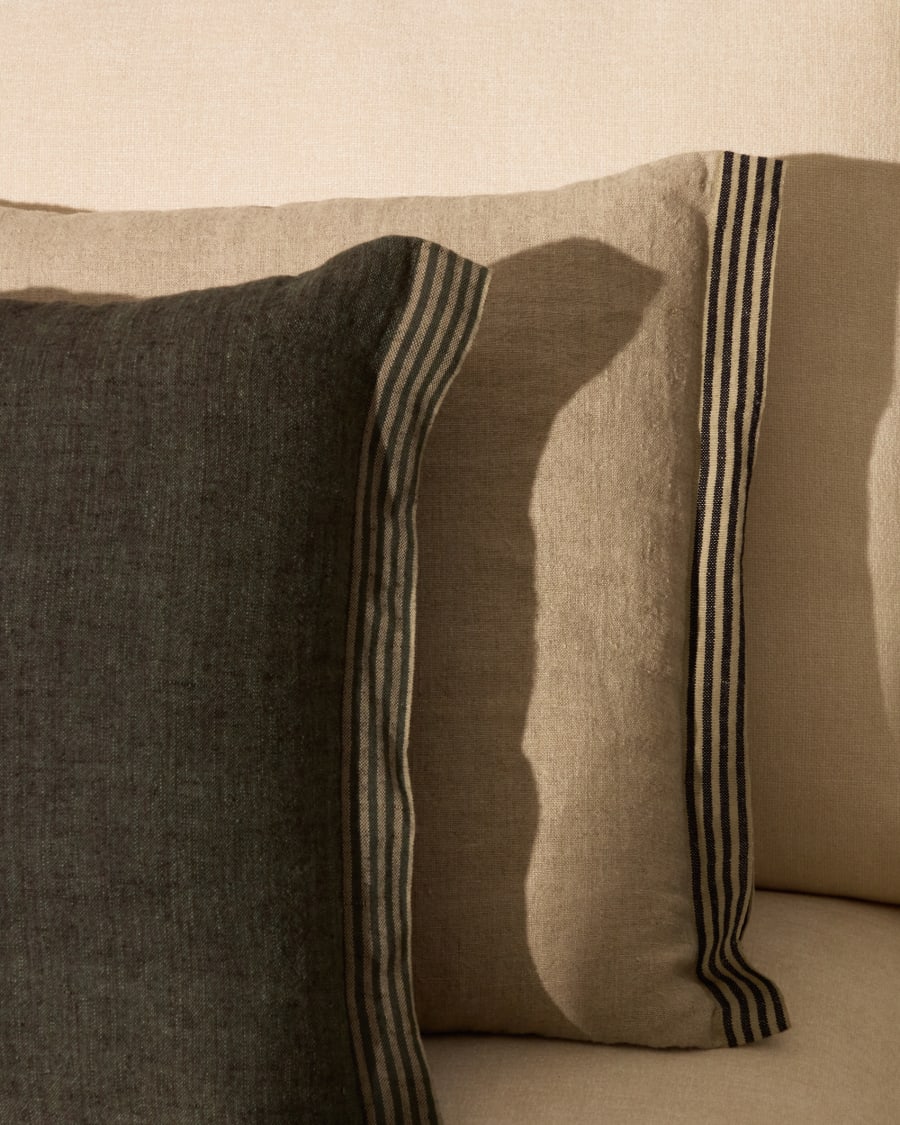 Niven green 100% melange linen cushion cover with side stripes 45 x 45cm