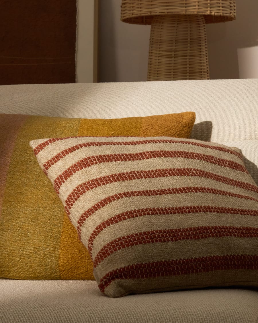 Naila terracotta contrasting stripe cushion cover in acrylic fibres 50 x 50cm