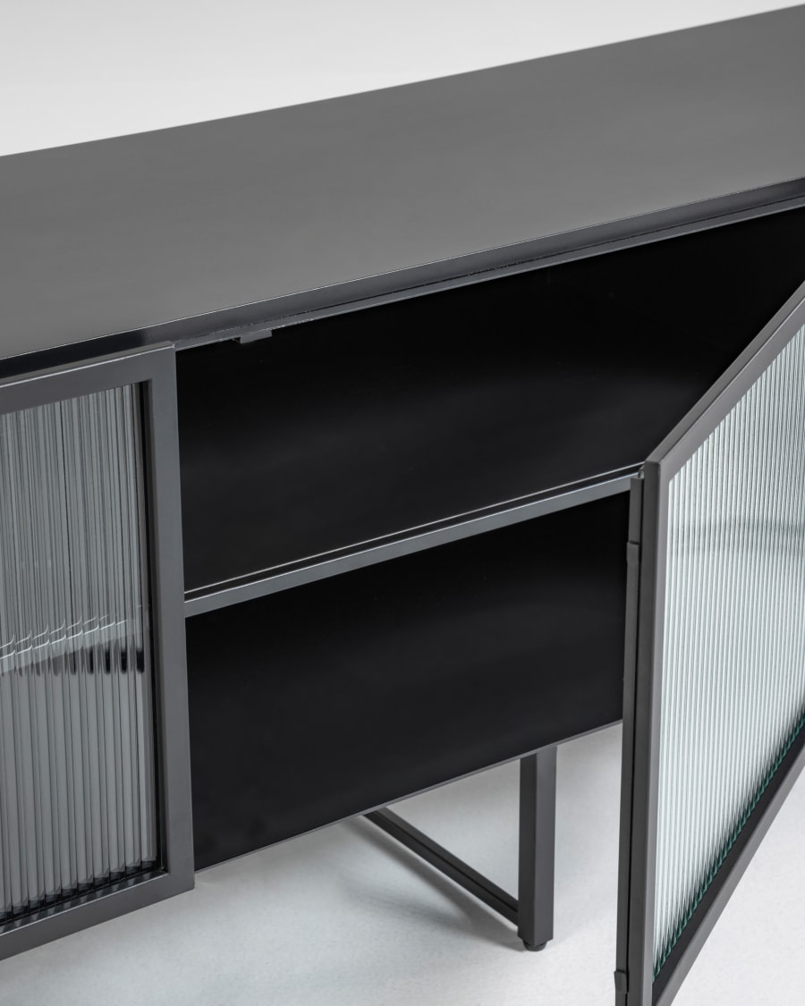 Trixie steel TV stand with 2 doors in a black painted finish, 180 x 50 cm