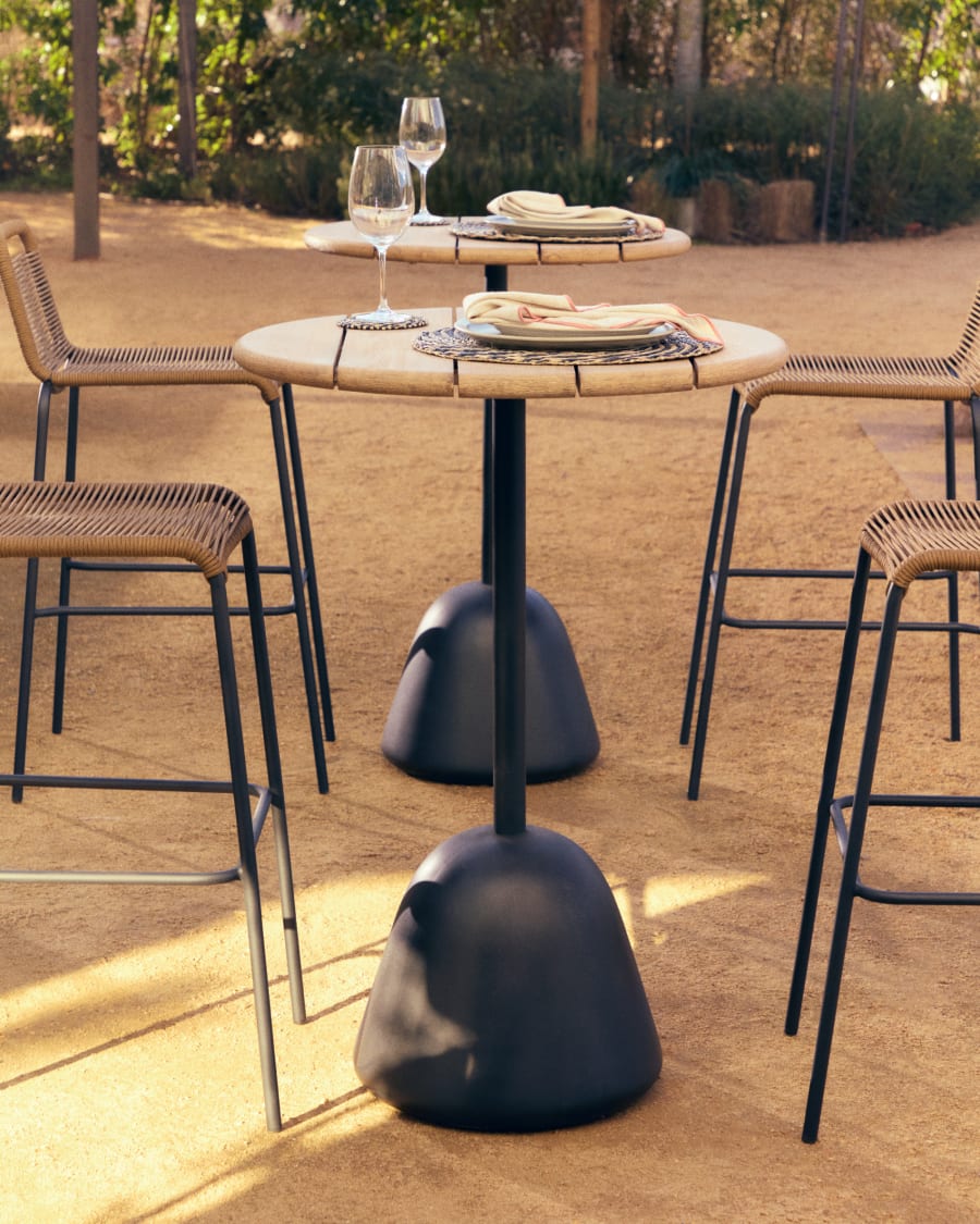 Saura high bar table black steel frame and natural finish acacia top, 95xØ70cm FSC 100%