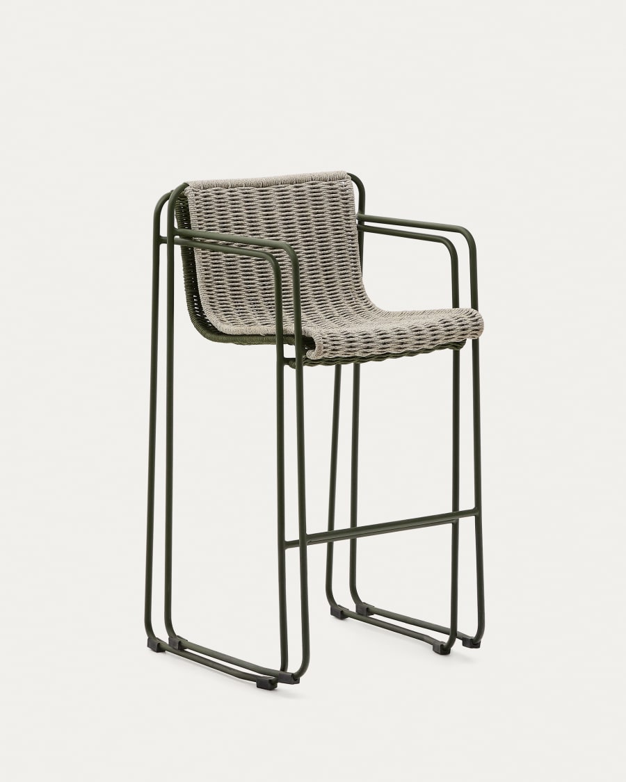 Maurina stool in green galvanised steel and ecru and grey rope cord 74,5cm