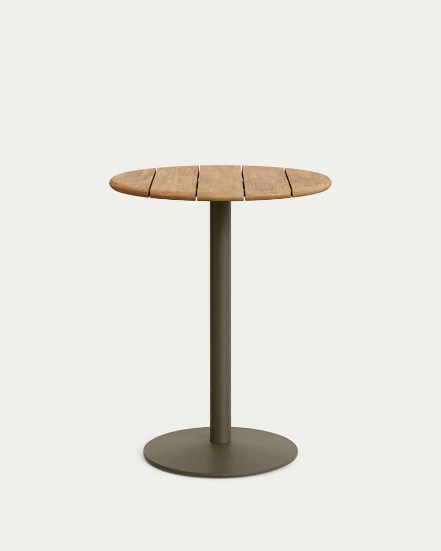 Hoher, runder Outdoor-Tisch Esilda mit Tischplatte aus Akazienholz FSC 100 % Ø 80 cm und grünem Stahlfuß Ø 55 x 96 cm