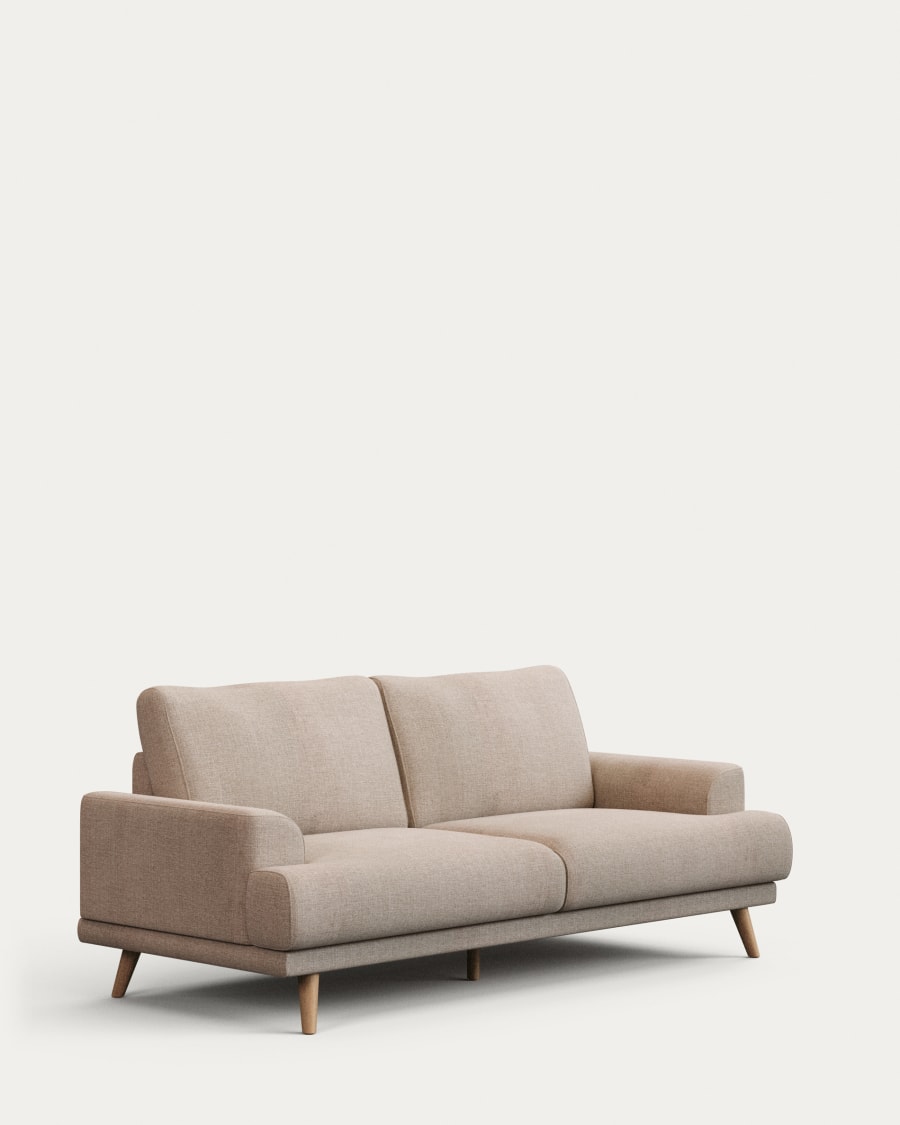 Karin 2-seater sofa beige with solid beech wood legs with natural finish, 210 cm