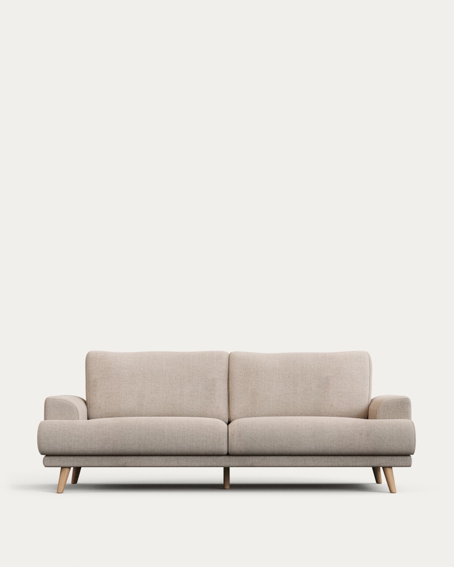 Karin 3-seater sofa beige with solid beech wood legs with natural finish, 231 cm