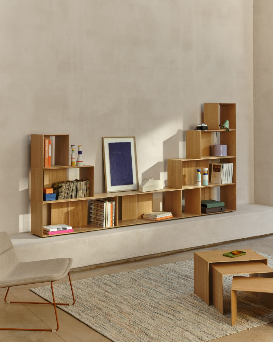 Litto set of 9 modular shelving units in oak wood veneer, 202 x 114 cm