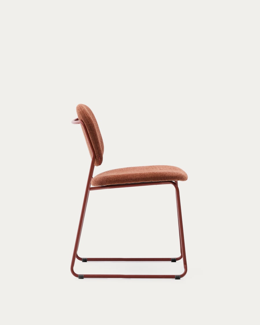 Meli stackable chair in terracotta chenille with terracotta metal legs FSC Mix Credit