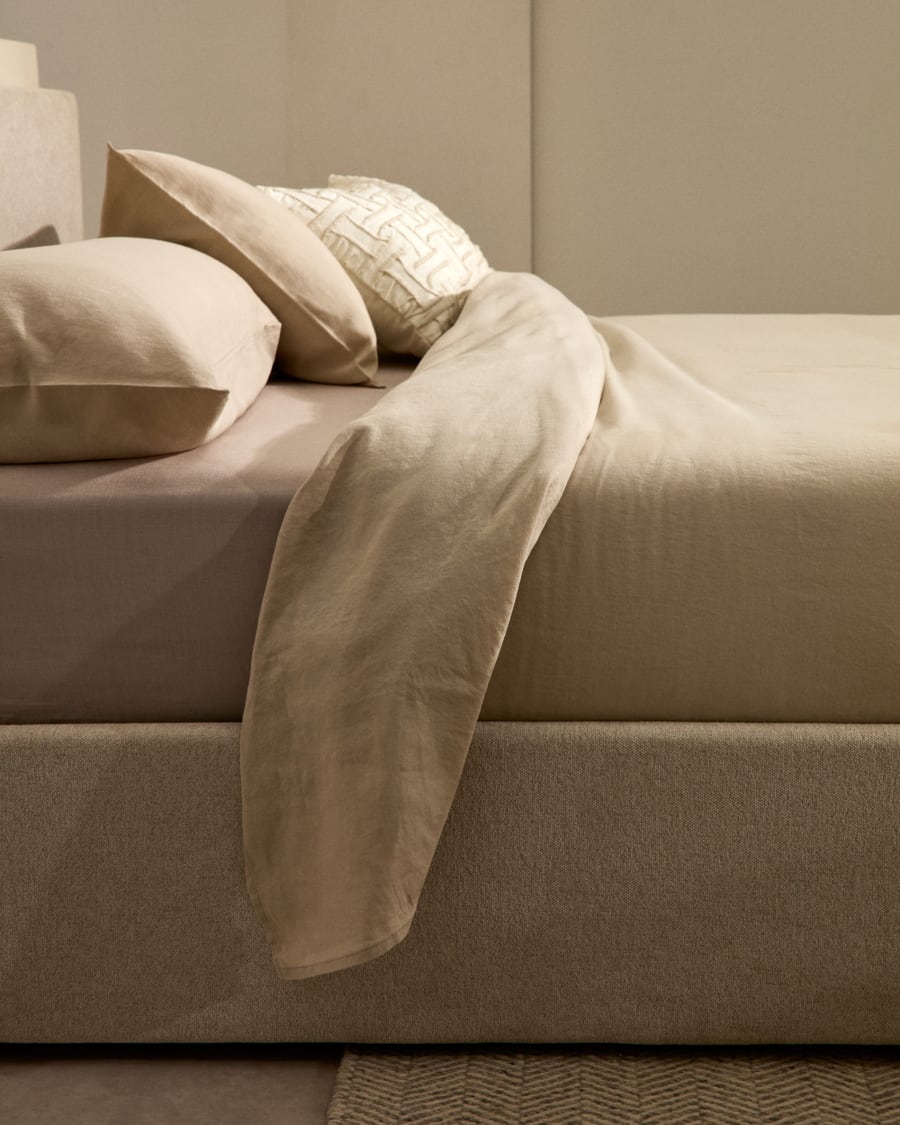 Nahiri beige chenille bed with storage base for 160 x 200cm mattress