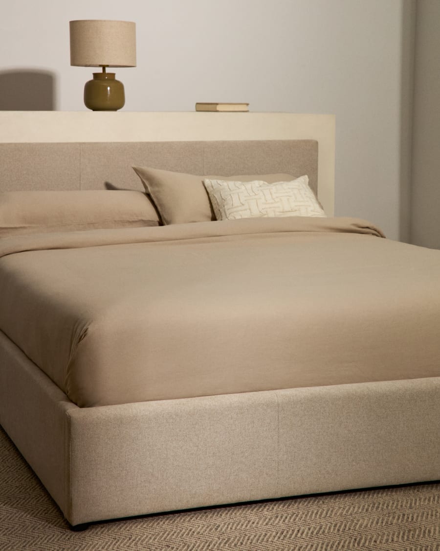 Nahiri beige chenille bed with storage base for 150 x 200cm mattress