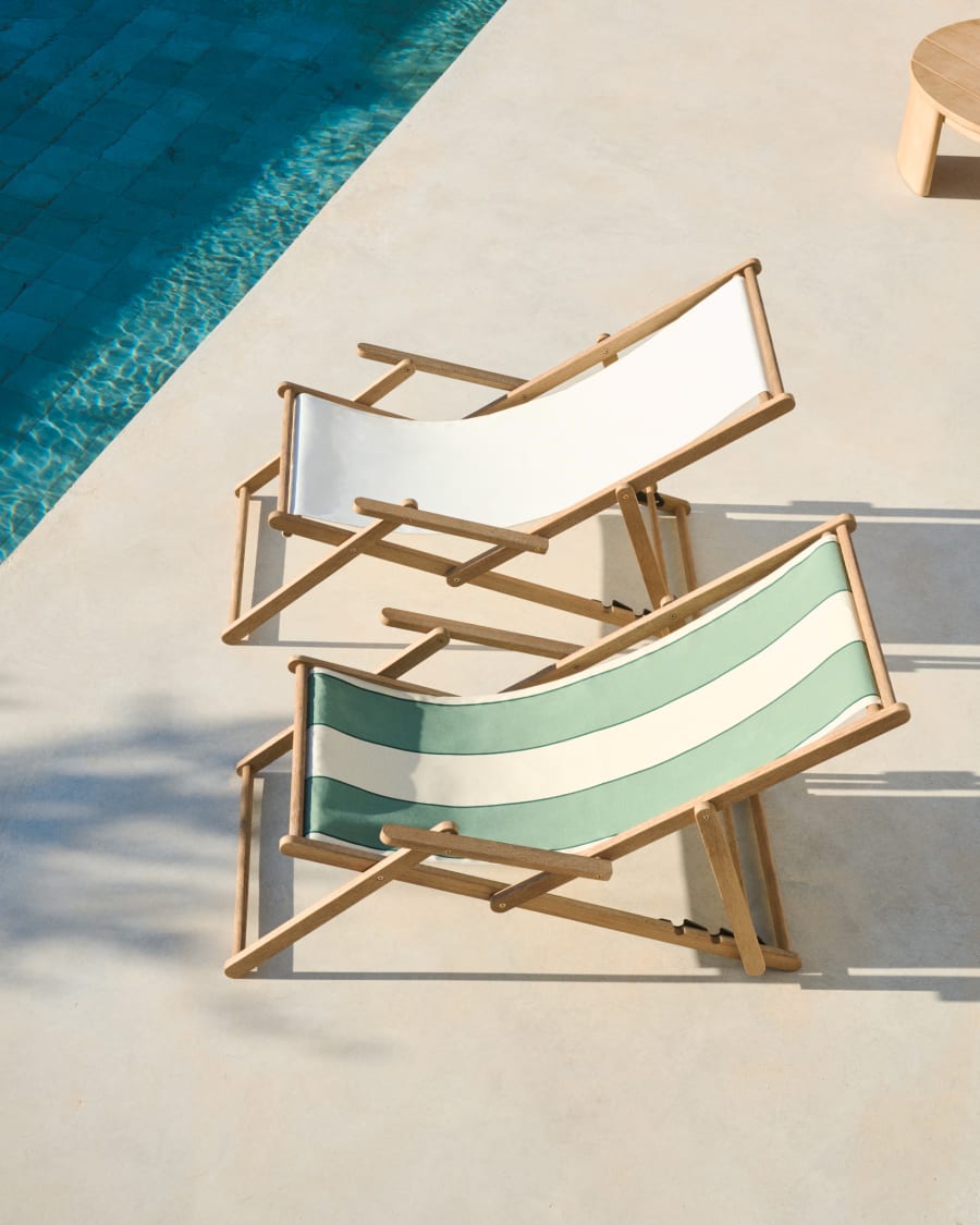 Vilara green and beige striped outdoor folding deck chair made of FSC 100% solid acacia wood