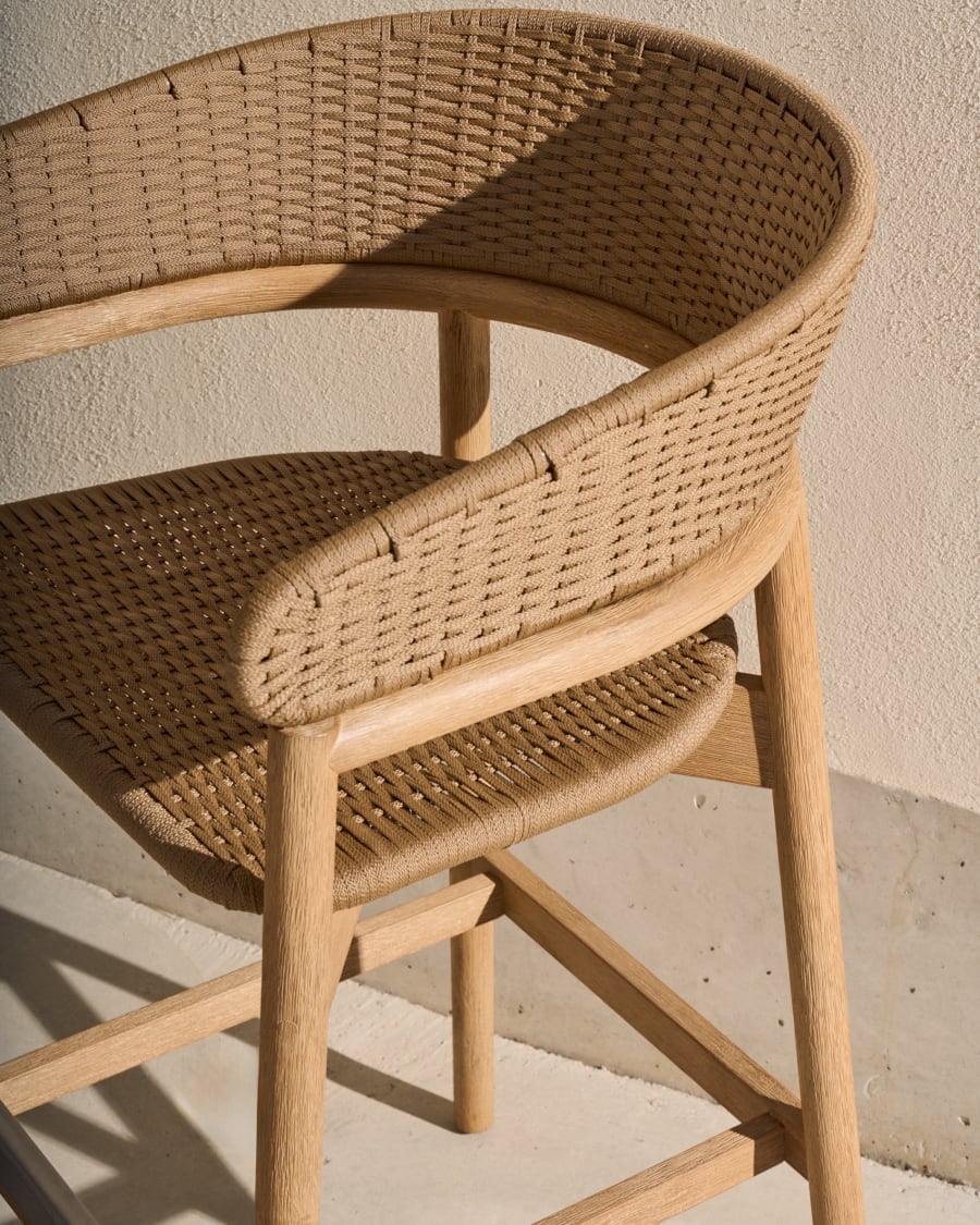 Arinella stool in FSC 100% solid acacia wood with natural finish and beige rope cord 75cm