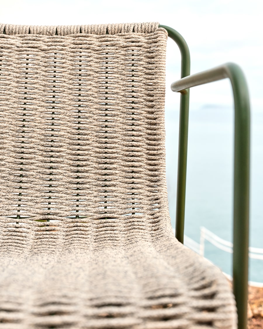 Maurina stool in green galvanised steel and ecru and grey rope cord 64,5cm