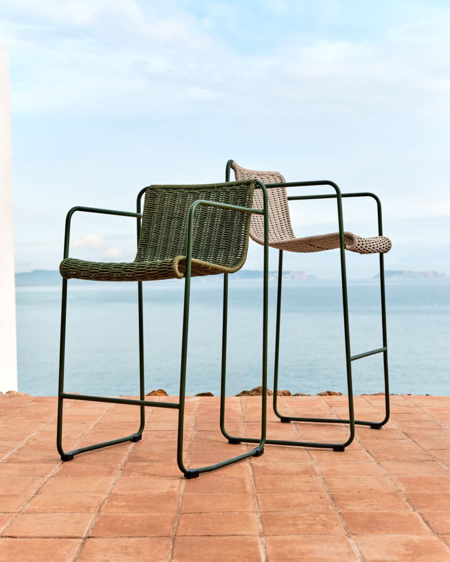 Maurina stool in green galvanised steel and green rope cord 64,5cm