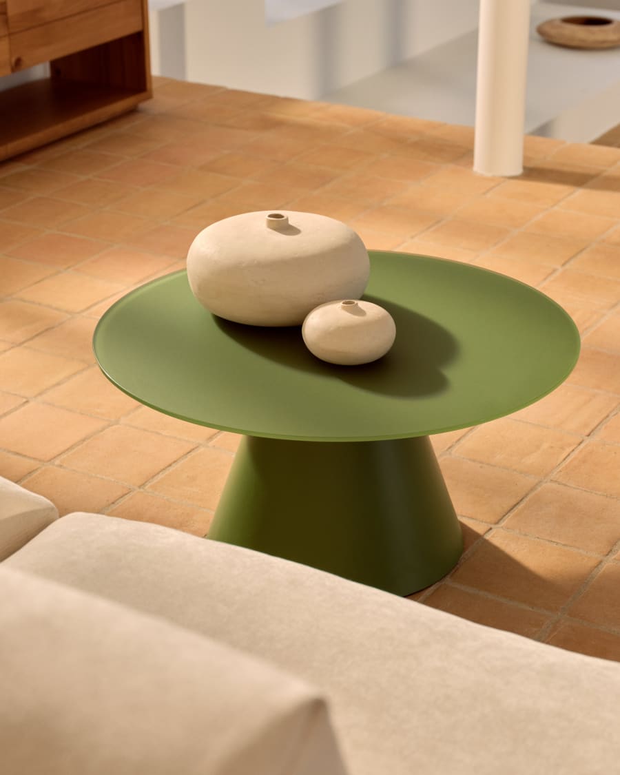 Wilshire coffee table with frosted tempered glass and matt green painted steel finish Ø80cm