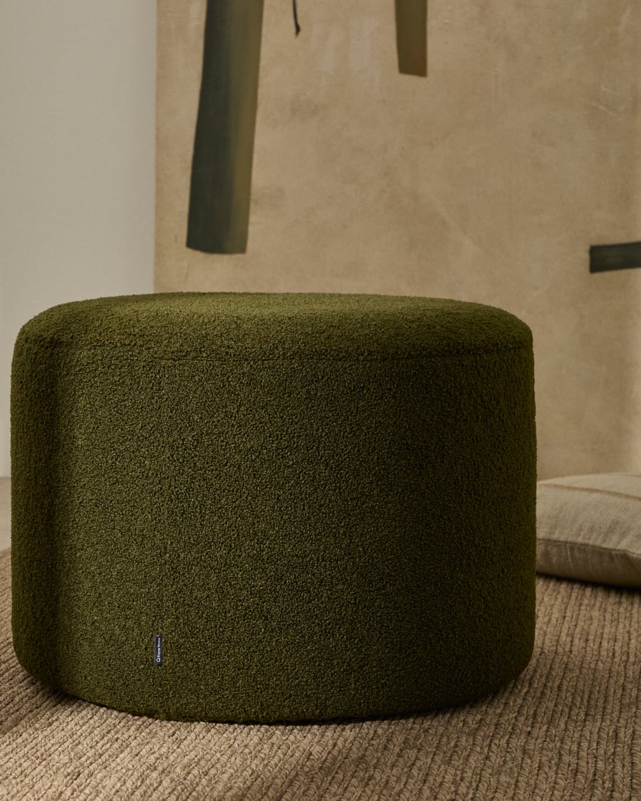 Fußhocker Kaeli mit abnehmbarem Bezug in grünem Bouclé Ø 60 cm