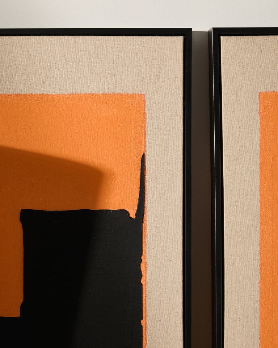 Abstraktes Bild Zernu aus handbemaltem Leinen orange und schwarz 42 x 65 cm