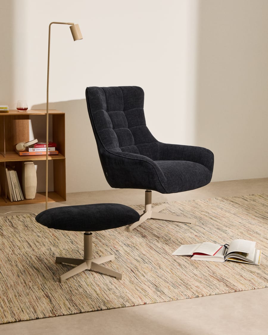 Teryl blue chenille footrest with grey-finished metal, FSC 100%