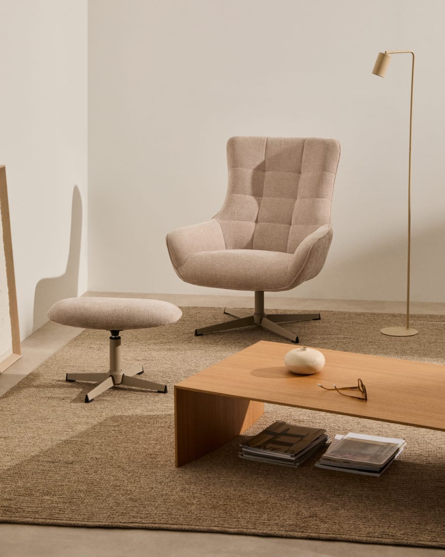 Teryl beige chenille footrest with grey-finished metal, FSC 100%