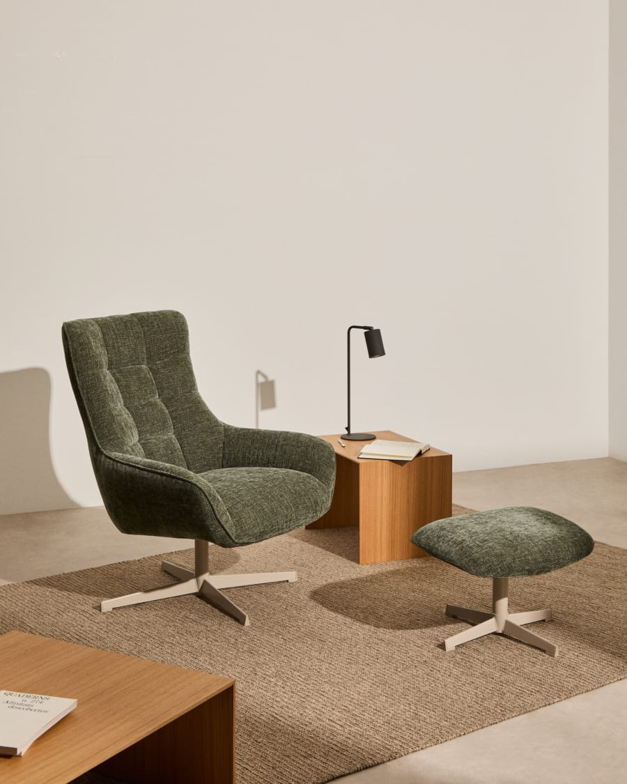 Teryl green chenille footrest with grey-finished metal, FSC 100%