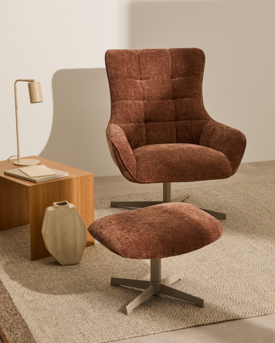 Teryl light brown chenille footrest with grey-finished metal, FSC 100%