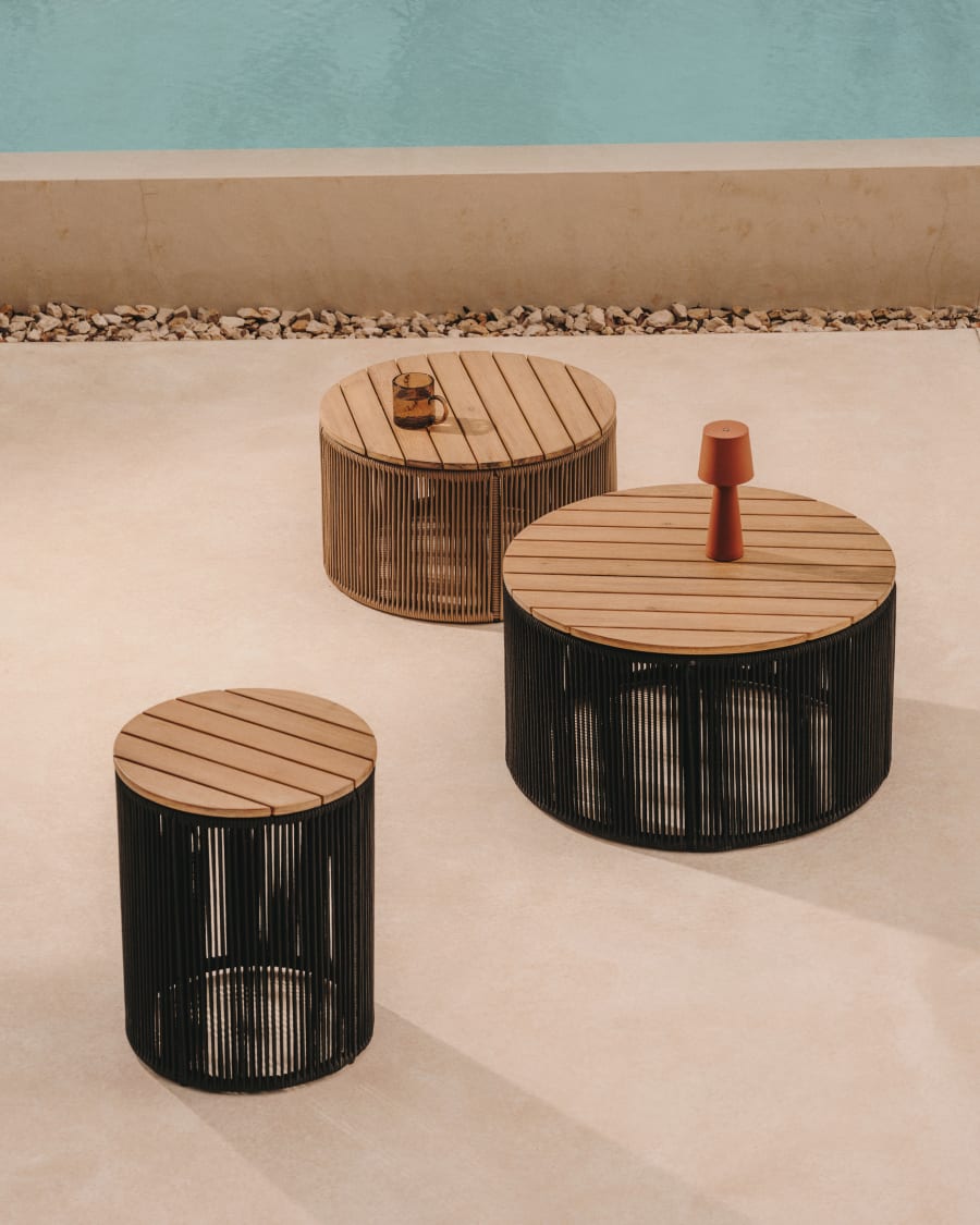 Dandara side table made of steel, black cord and solid acacia wood, Ø40 cm FSC 100%
