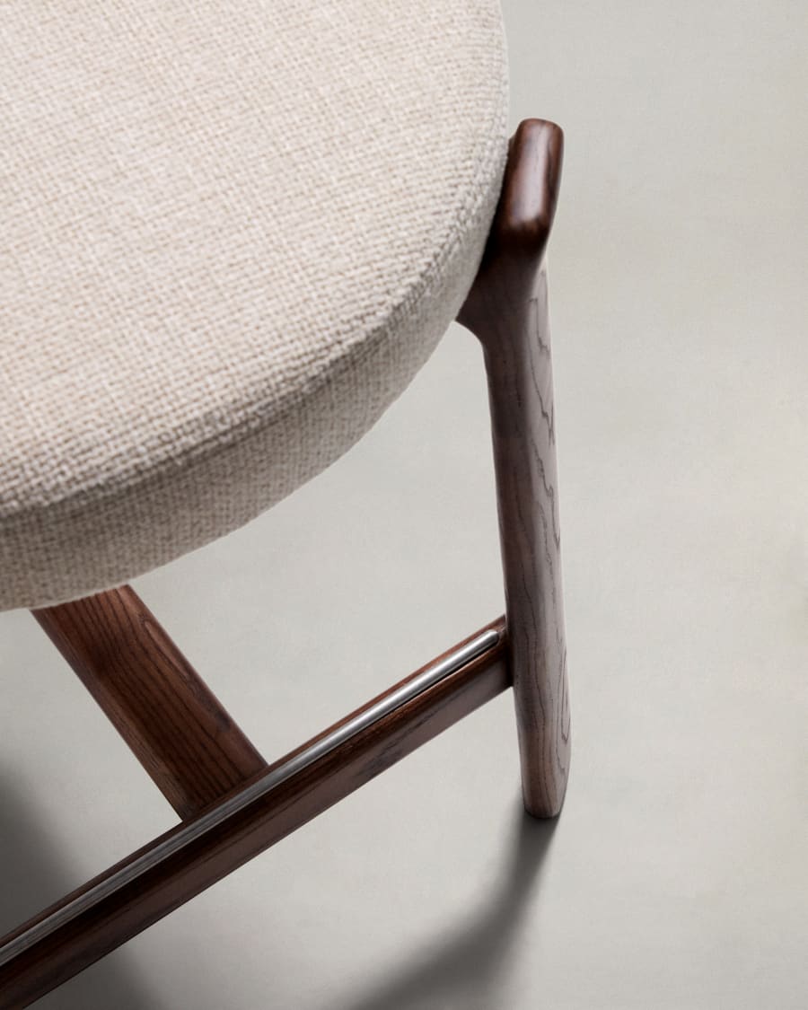 Granite stool in beige chenille and solid ash wood with walnut-coloured finish FSC 100% 65cm