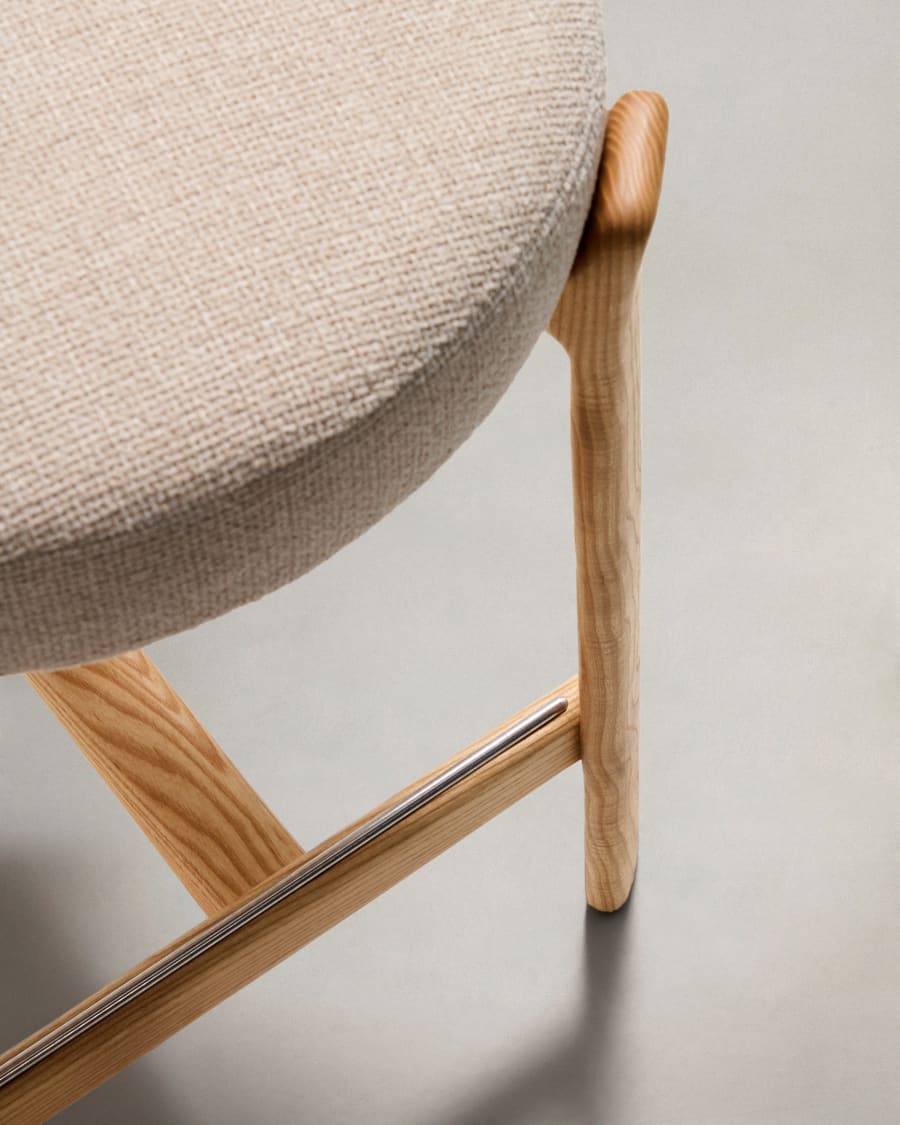 Granite stool in beige chenille and solid ash wood with natural tone finish FSC 100% 65cm