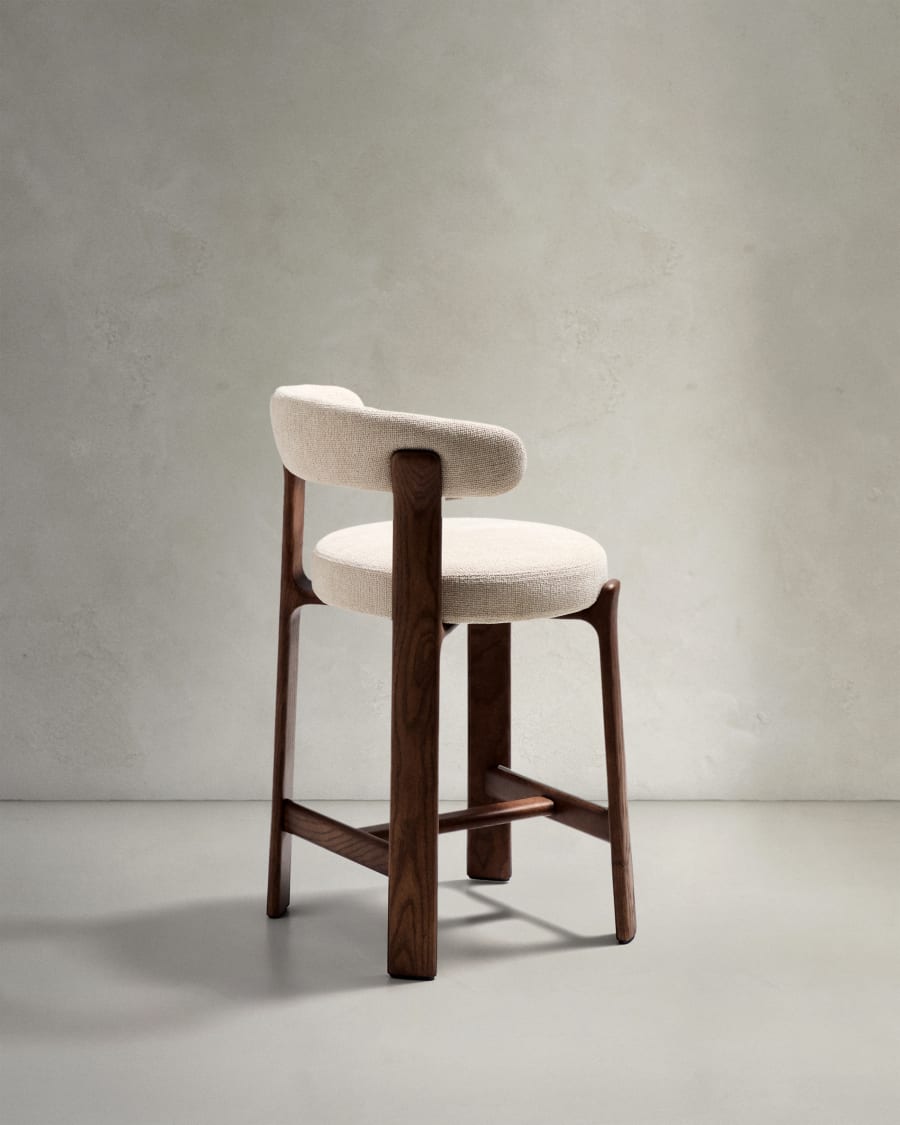 Granite stool in beige chenille and solid ash wood with walnut-coloured finish FSC 100% 65cm