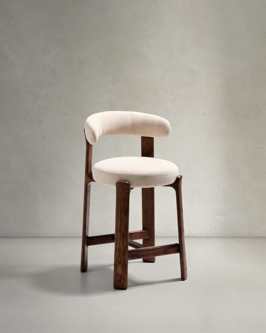 Granite stool in beige chenille and solid ash wood with walnut-coloured finish FSC 100% 65cm