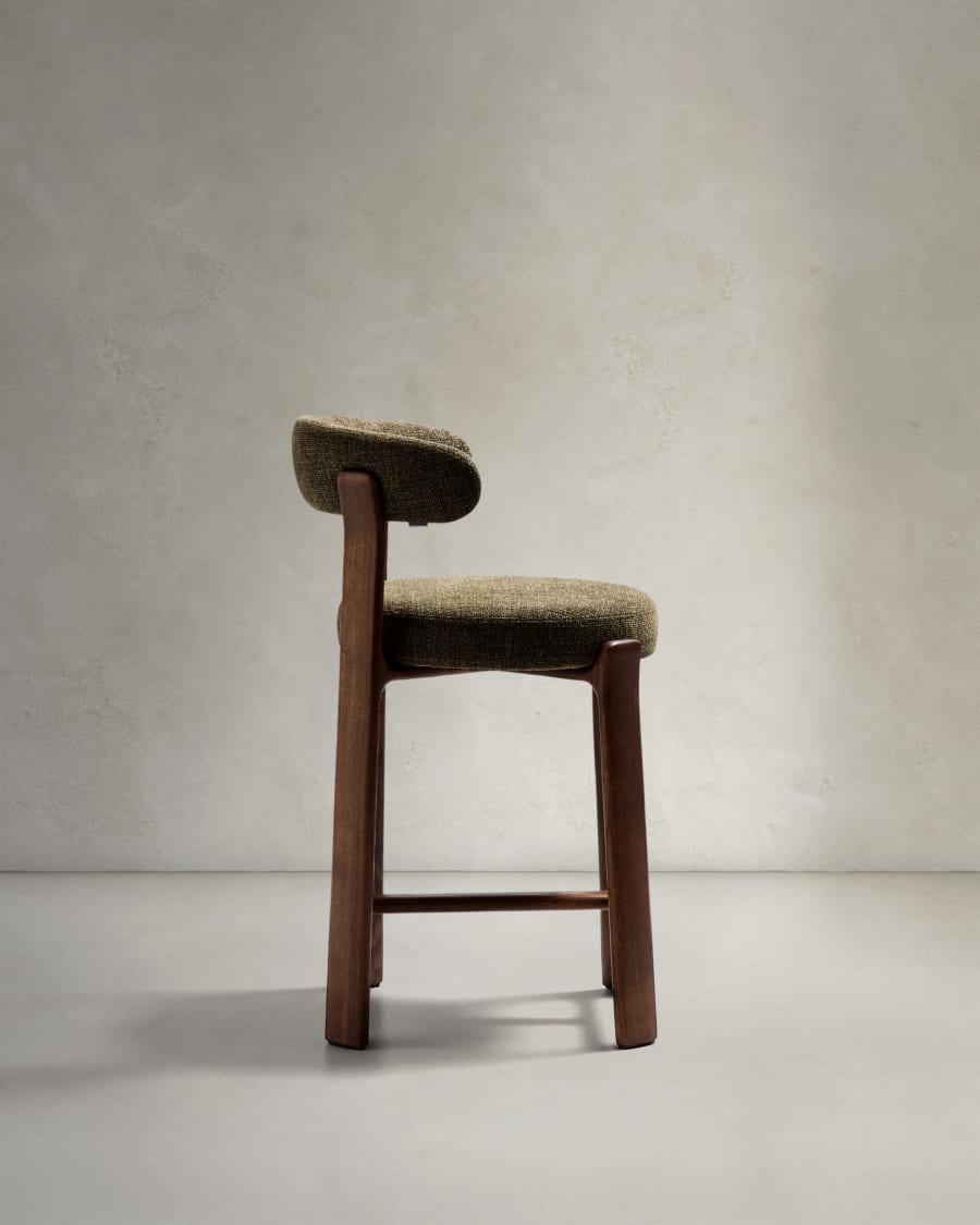 Granite stool in green chenille and solid ash wood with walnut-coloured finish FSC 100% 65cm