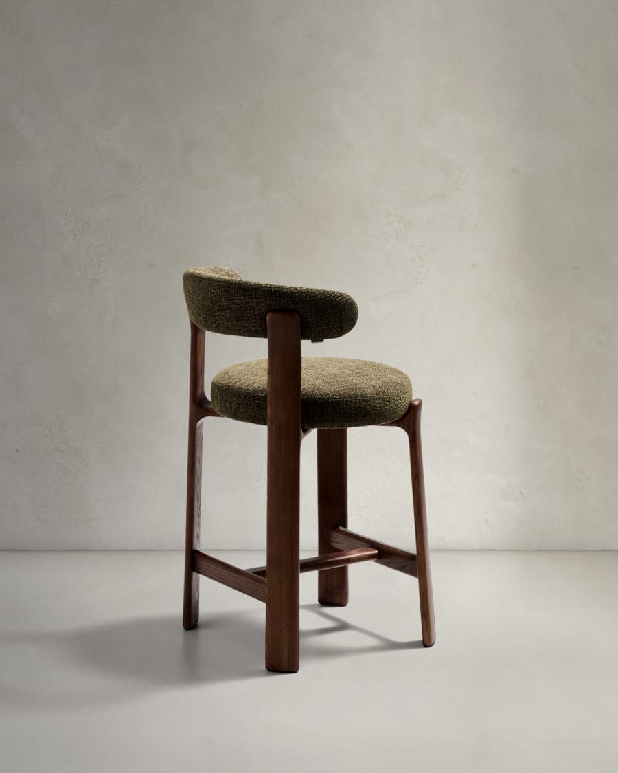 Granite stool in green chenille and solid ash wood with walnut-coloured finish FSC 100% 65cm