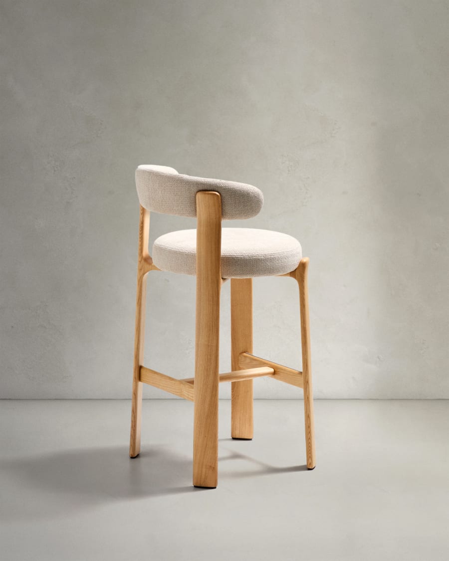 Granite stool made of beige chenille and solid ash wood with natural tone finish FSC 100% 75cm