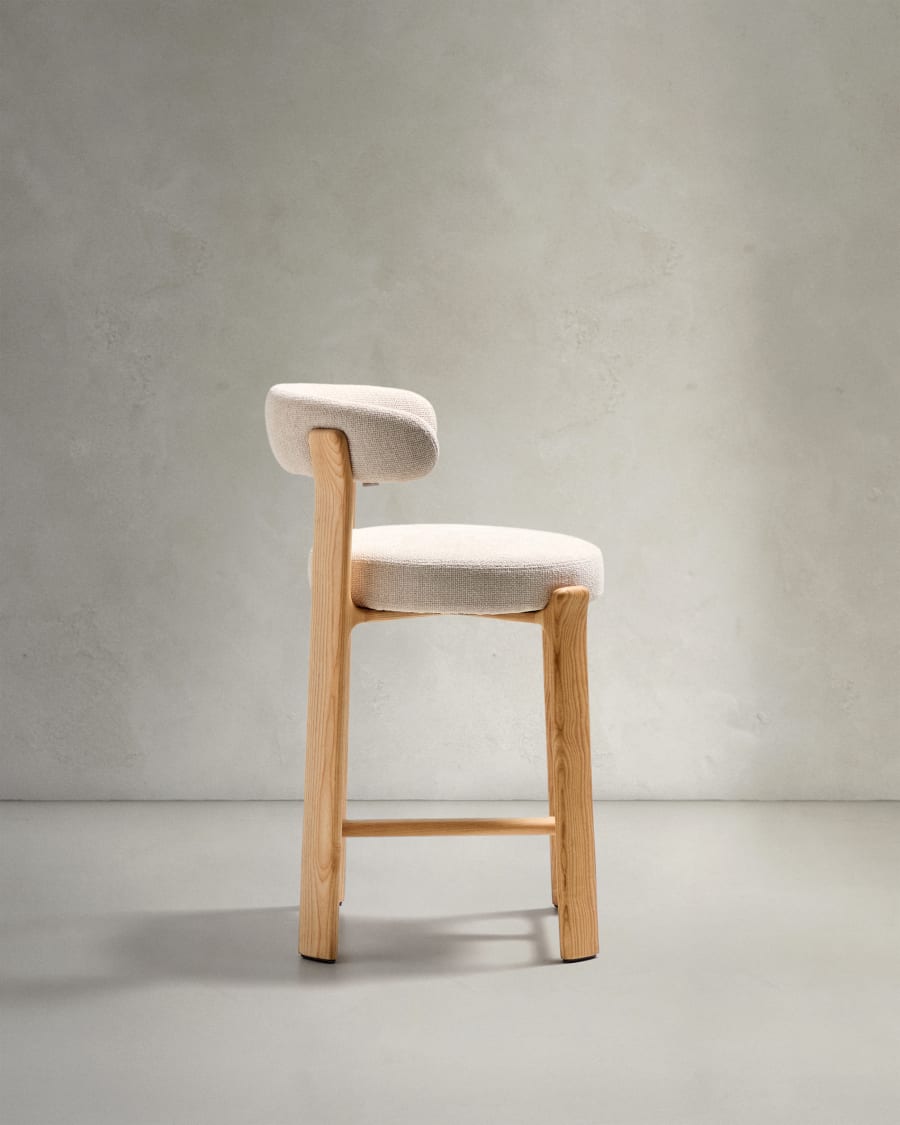 Granite stool in beige chenille and solid ash wood with natural tone finish FSC 100% 65cm